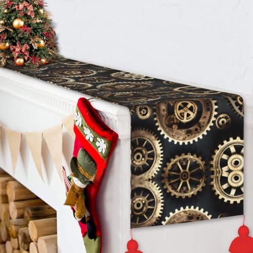 Chemin de table steampunk lavable avec motif engrenages pour table basse et repas