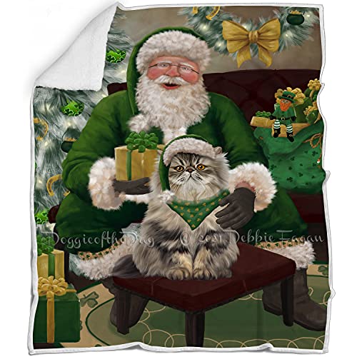 Doggie of the Day Persian Cat Blanket - Christmas Irish Santa with Gift - Super Soft & Warm Pet Theme for Sofa or Bed, Warm Fleece, Sherpa or Woven Material BLNKT141448 (60x80 Fleece)