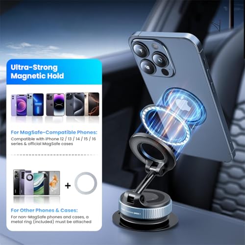 Image of Magnetic Mobile Phone Holder for Car with 360 Rotatable and Foldable Metal Cell Phone Holder, Strong Grip Vacuum Seal, Car Mount Compatible with iPhone & Android Phones