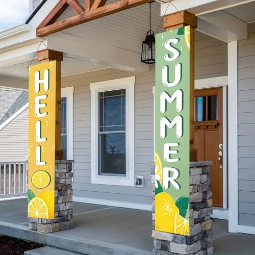 Image of BlissYard 2pcs Hello Summer Door Banner Lemon Porch Banner Sign Sweet Summer Sunshine Front Door Hanging Decor Banners for Seasonal Home Hawaii Tropical Party Outdoor Decorations