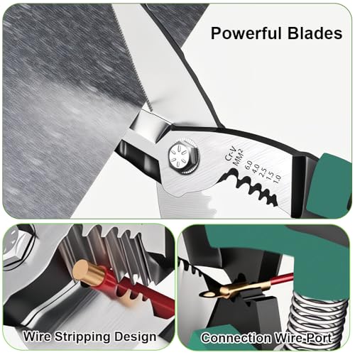 Image of Heavy Duty Industrial Scissors 8.5'', Electrician Scissors with Finely Serrated CR-V Powerful Blades, Easy Cutting Wires, Cardboard, Plastic, Carpet, Wire Stripping and Crimping