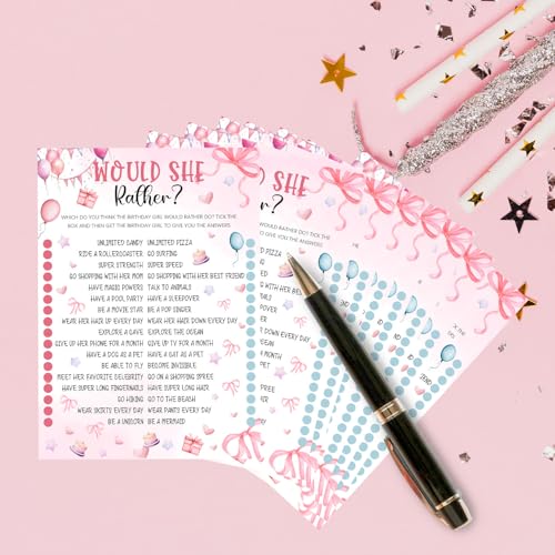 Image of Pink Slumber Party Games Card - Coquette Pink Bow Themed Sleepover Slumber Party Supplies- Sleepover Stuff- Birthday Night Games Creative Idea -Would She Rather- 20 Game Cards