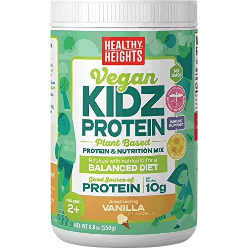 Kidzprotein Vegan Powder Shake Mix Canister (Vanilla) By Healthy Heights - Good Protein Nutritional Shake - Contains Key Vitamins & Minerals,Gluten Free, With No Artificial Flavors, Soy Free, Peanut Free, No Gmos #TOP20