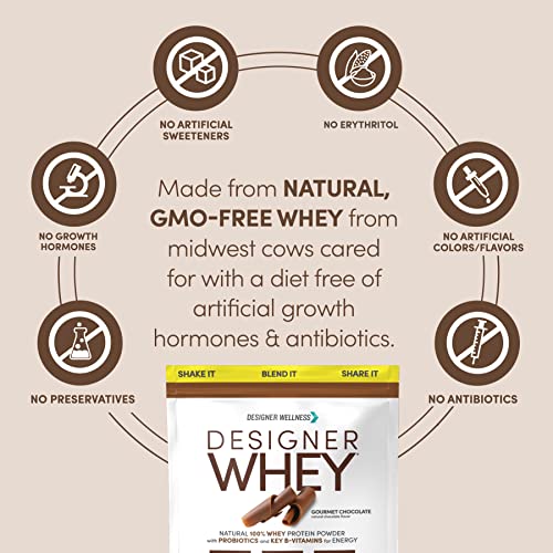 Image of Designer Wellness, Designer Whey, Natural Whey Protein Powder with Probiotics, Fiber, and Key B-Vitamins for Energy, Gluten-Free, Gourmet Chocolate, 2 lb