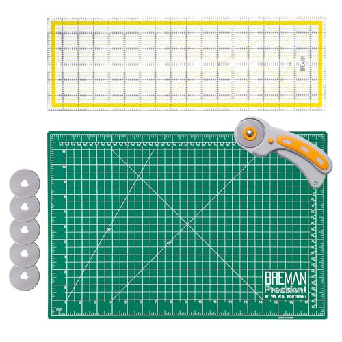 WA Portman Self Healing Cutting Mat & Rotary Cutter Set – 45mm Rotary Cutter for Fabric with 5 Extra Blades with 12x18 Fabric Cutting Mats for Crafts & 6x18 Acrylic Quilting Rulers – 3pc Sewing Kit