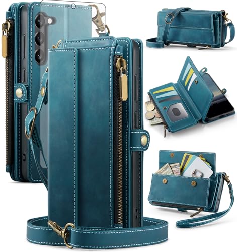 Phone Case for Samsung Galaxy S23 Plus S23+ 5G Zipper Wallet Cover with Screen Protector and Crossbody Lanyard Strap Flip Card Holder Cell S23plus 23S + S 23 23+ SM-S916U 6.6 inch Women Men Green