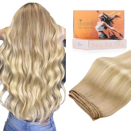 Image of DOORES Human Hair Extensions, 24 Inch 120g Dirty Blonde Mixed Platinum Blonde, Hand-Tied Weft Hair Extensions, Real Human Hair