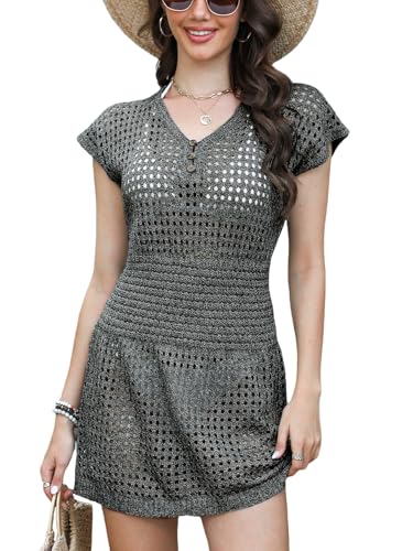 Image of CUPSHE Women Crochet Swim Cover Up Short Sleeve V Neck Bathing Suit Beach Dress Summer Swimwear Coverups