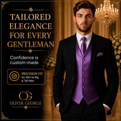 Image of Oliver George 4pc Men's Solid Formal Suit Waistcoat Tuxedo Dress Vest Necktie Bowtie Handkerchief Set for Suit or Tuxedo