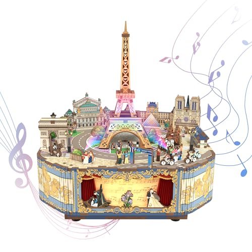 Image of Tonecheer Wooden Music Box Kit, DIY 3D Puzzle Rotating Music Box Kit Creative Musical Puzzles Crafts Model Building Kits Desk Decor Birthday Holiday Gift (Romantic Paris)
