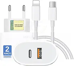 Carregador Turbo 40W Compatível iPhone X Xr 8 11 12 13 14 Plus Pro Max iPad Duas Entradas USB e USB-c Tipo C Com Cabo Tipo C-Ligtng Carga Rápida Tecnologia PD