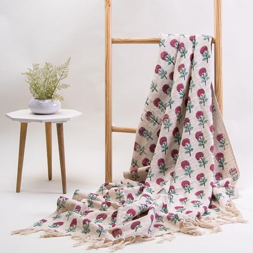 Image of 100% Cotton Hand Block Printed Throw Blanket 50x60 inches (127cm x 152.4cm) - Soft, Lightweight & Breathable Sofa, Bed or Couch Blanket - Cozy Decorative Boho - Home Decor Accent (Pack of 1)