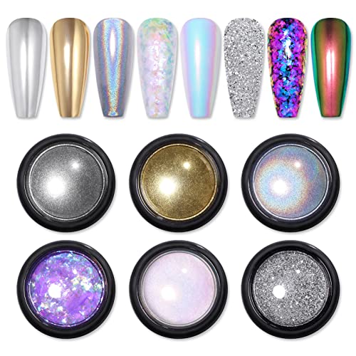 6 BoîTe Poudre Ongles, BORN PRETTY Holographie Perles Chrome Ongle Nail Art Poudre Effet Miroir MéTallique Brillant Nail Powders Chromé Pigment Avec...