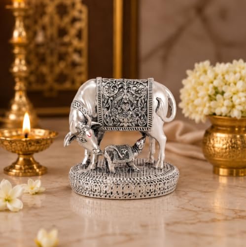 Image of Gold Art India Kamdhenu Cow with Calf Idol | 999 Silver Plated | Antique Matte Finish | Premium Peacock Green Velvet Gift Box | Sacred Gau MATA Vastu Idol for Home Temple, Office & Spiritual Gifting
