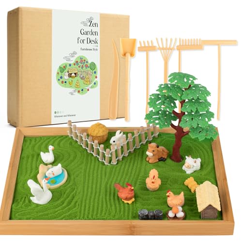 31 Pcs Zen Garden Kit for Desk, Mini Zen Sand Garden with Wooden Tray & Rake, Japanese Gift Set for Home, Office Desk Decor