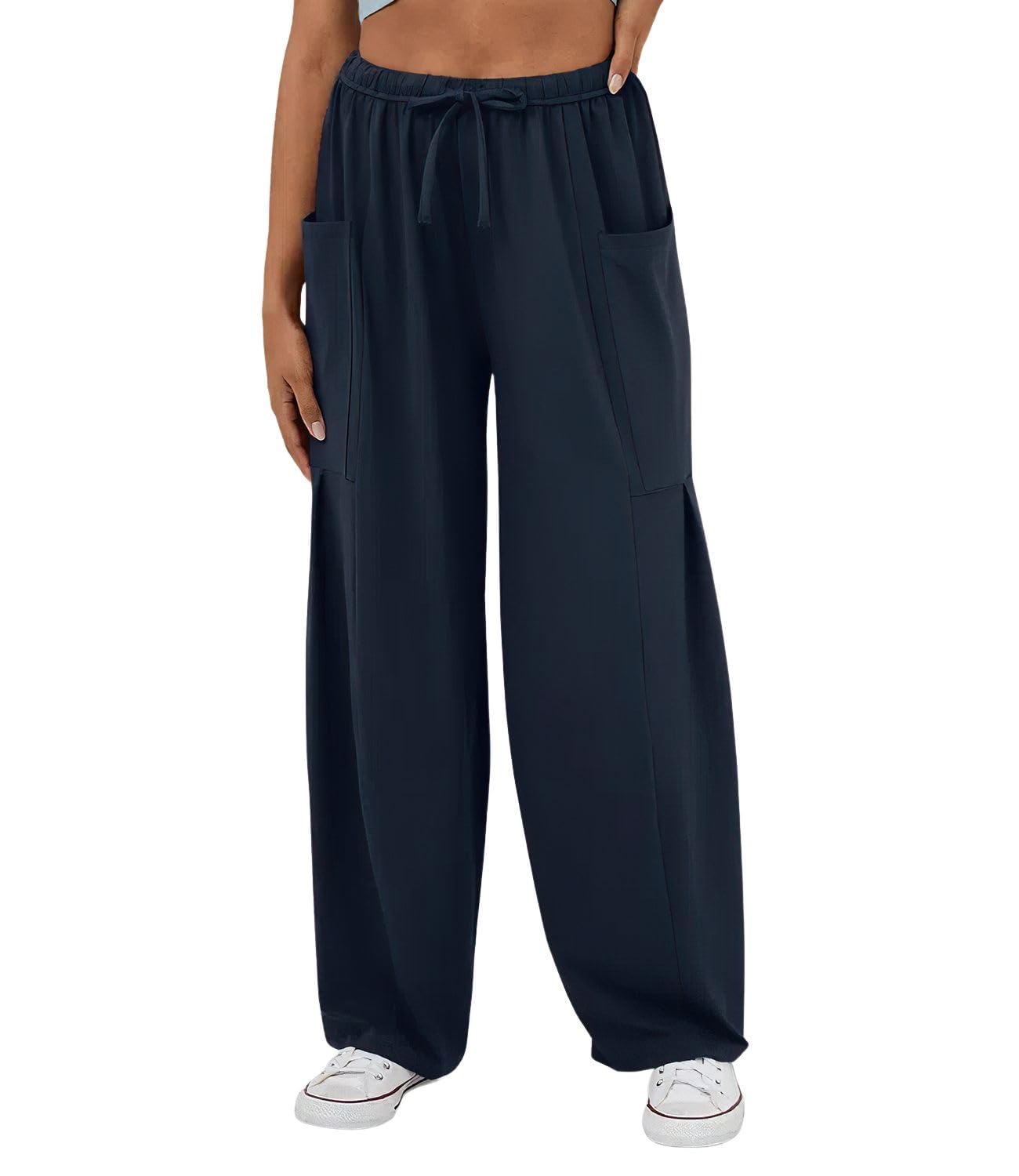 ebossy Womens Drawstring Elastic Waist Loose Fit Wide Leg Utility Palazzo Pants Pockets