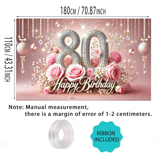 Image of Nuxovilar 80th Birthday Banner - Elegant Pink & Gold Floral Backdrop