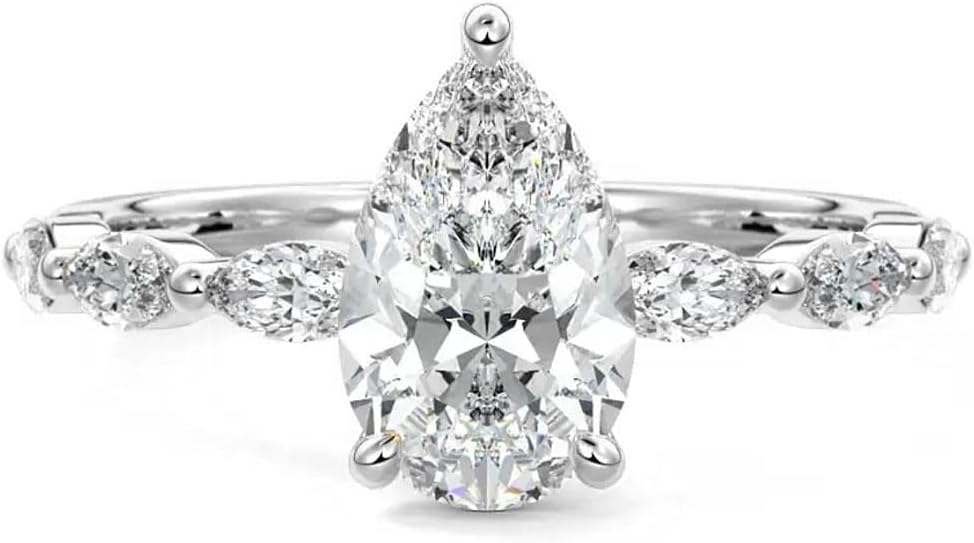 White Gold Plated 2.3 Carat (ctw) Pear Cut Moissanite Engagement Rings for Women Sterling Silver D Color Moissanite Pear Shaped Promise Ring Size 6