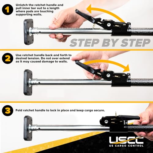 Image of US Cargo Control Ratcheting Cargo Bar for Pickup Truck Bed, 40 inch to 70 inch Adjustable Load Locks for Pickup Trucks, SUV, Minivan, and Small Trailers, Truck Bed Divider with Rubber Non-Slip Pads
