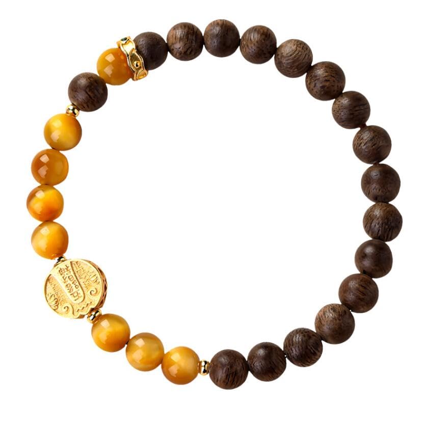 Liumarvexia Pulsera de madera de agar con piedra de ojo de tigre amarillo natural de 6 mm, pulseras de cuentas de material natural, pulsera elástica con caja de regalo para mujeres, esposas y novias