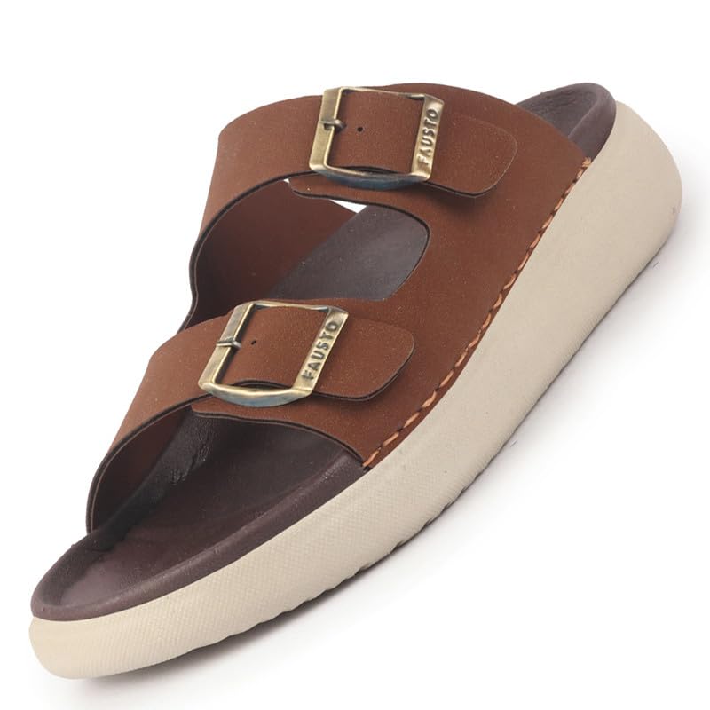 FAUSTO Men Open Toe Buckle Strap Stitched Waterproof Sandals|Soft Cushioned Insole|Summer Slip-On Slipper|Perfect For Monsoon Rainy Season