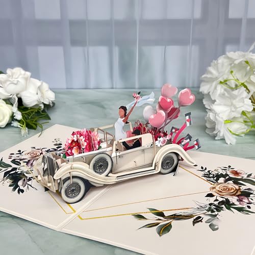 pekifaves Cartão de casamento Pop Up 3D, Just Married cartão de felicitação com envelope, cartão de carro de casamento com namorada e namorado, para dia dos namorados, noivado, casamento, aniversário