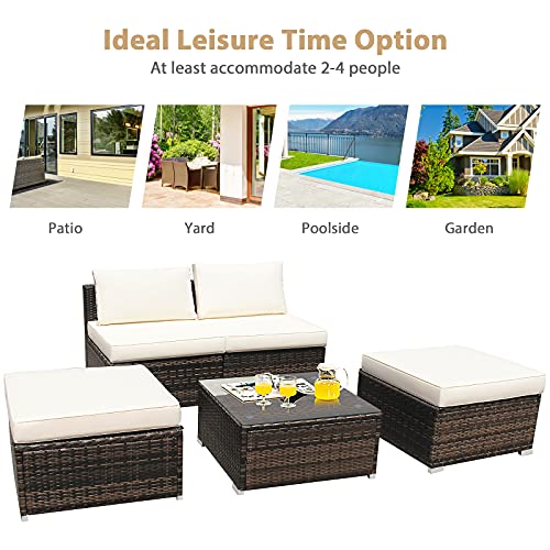 Tangkula 5 Piece Wicker Lounge Chair Set, with Tempered Glass Coffee Table, Outdoor Conversation Sets w/Washable Zippered Cushions, Includes 2 Armless Sofas, 2 Ottomans and 1 Side Table