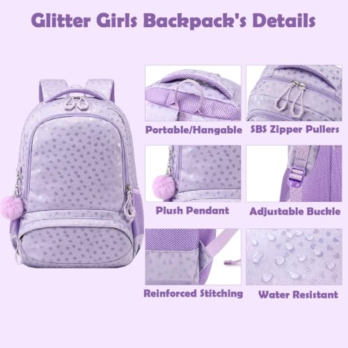 Kimwadalh Glitter Backpack for Girls, 3PCS Shiny Purple School Bookbag with Lunch Bag & Pencil Case and Plush Pendant for Preschool Kindergarten Elementary Girls — view 4