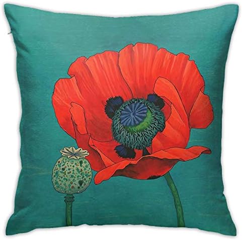 Aiboluo My Honey Orange Red Poppy Flower and Pod in Teal Decorative Throw Pillow Covers 18x18 Inch Cushion Pillowcase for Outdoor Home Couch Sofa Bedroom Decor