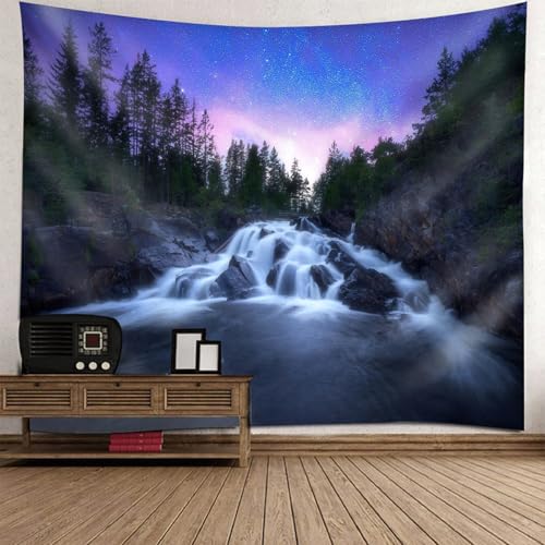 Tapisserie paysage ciel étoilé forêt et rivière 140x210CM pour déco chambre