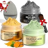 Facial Clay Mask Set - Vitamin C Turmeric Face Mask, Dead Sea Mud & Salicylic Acid (BHA) Mask for Pores Cleansing, Blackheads, Dark Spots, Brightening, Face Masks Skincare Gift for Women, 2.82 oz each