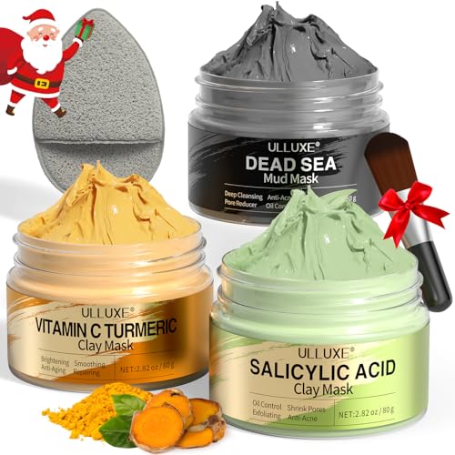 Facial Clay Mask Set - Vitamin C Turmeric Face Mask, Dead Sea Mud & Salicylic Acid (BHA) Mask for Pores Cleansing, Blackheads, Dark Spots, Brightening, Face Masks Skincare Gift for Women, 2.82 oz each