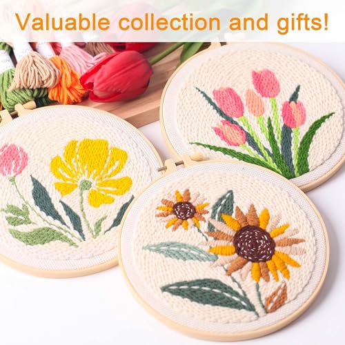 Image of REEWISLY Punch Needle Embroidery Starter Kits for Beginners Flower and Grass Patterns.3Ps Embroidery Hoops,Color Threads,Instructions and Needles,DIY Adults Embroidery, Video Teaching