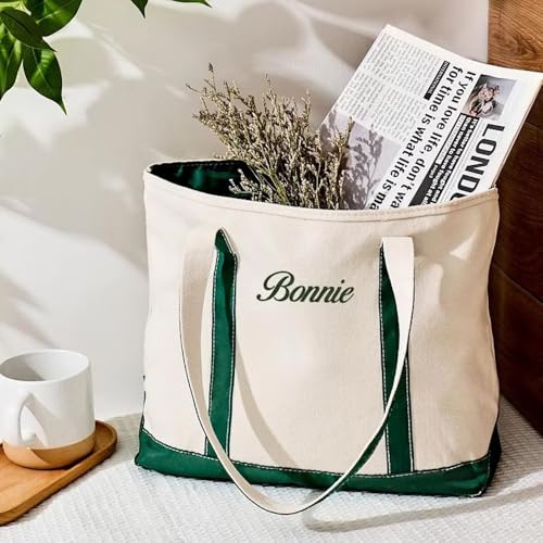 Personalized Women Embroidered Name Tote Bag Reusable Canvas Shopping Bag Top Zipper Closure For Women Beach Travel & Daily Essentials Groceries4