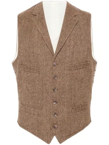 Mens Suit Vest Herringbone Tweed Retro V Neck Wool Blend Waistcoat Slim-Fit for Prom Party3