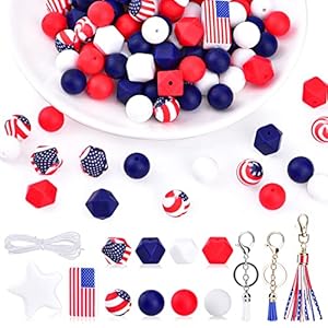 110 Pcs Silicone Beads for Keychain Accessories Jewelry Bracelet Necklace HomeDecor Crafts Handmade Gift Making Kit,15mm Each Colorful Fun Bead Bulk with Key Chain/Macrame/Flag/Star/Rope (Flag Print)