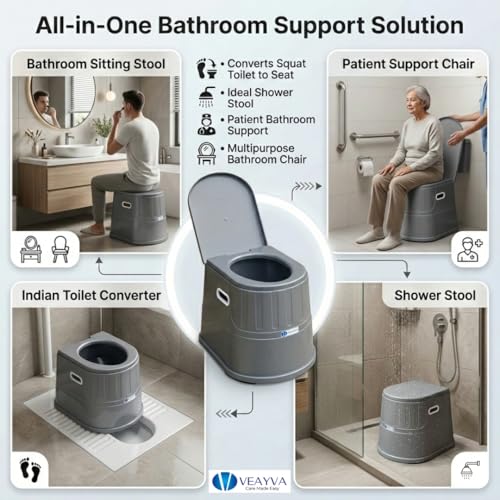 Image of Veayva Plastic, Steel Heavy Duty Portable Indian Toilet To Western Convertor Easygo Round Portable Commode | Toilet Stool | Toilet Commode For | Commode Stool | (ELEGANT GREY)