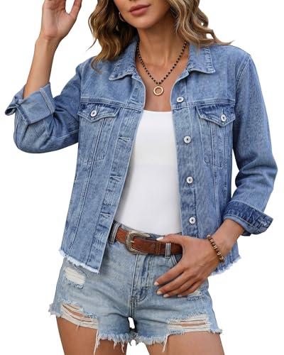 Image of luvamia Denim Jacket for Women Distressed Jean Jackets Button Up Vintage Western Trucker Jacket Frayed Hem Pockets