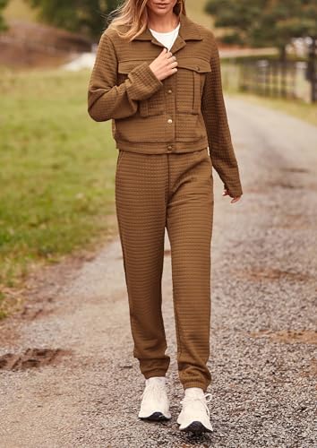 Image of PRETTYGARDEN Womens Two Piece Sets Fall 2026 Long Sleeve Button Down Shacket Jacket Long Sweatpants Tracksuit Winter Clothes