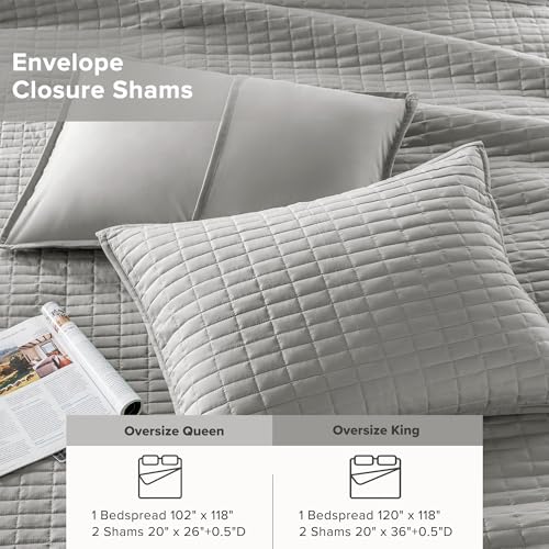 Comfort Spaces Grey Oversized King Quilt Set 120"x118" Bedspread Quilted Summer Lightweight Microfiber Bedding Coverlet with Double Sided Stitching Soft All Season Cozy 3 Piece with Matching Shams