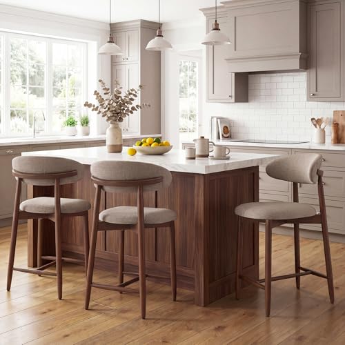 Image of MALOL Counter Height Bar Stools Set of 2, Kitchen Bar Stools with Back, Mid Century Modern Upholstered Barstools with Wood Legs for Kitchen Island Dining Room, Camel