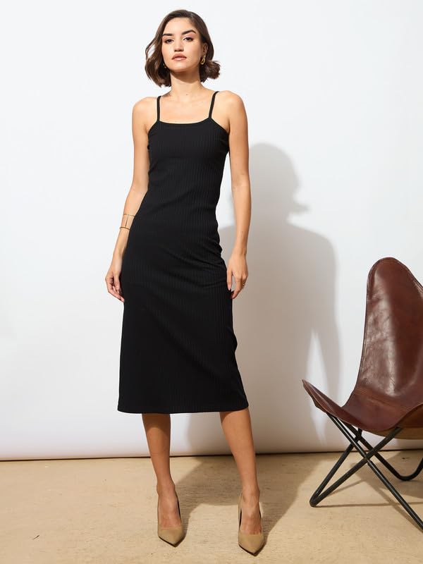 Image of barcino Black Rib Strappy Slip-on Dress