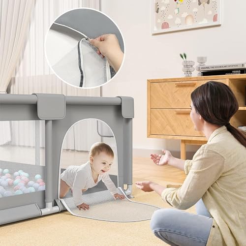 قفص لعب للاطفال من ويمارت، 200 × 180 سم للاطفال الصغار، مع باب وكوب شفط، مركز نشاط امن للاطفال، قفص لعب كبير، فوم ممتص للصدمات مع شبكة جيدة التهوية، قفص لعب امن للاطفال الصغار (رمادي)