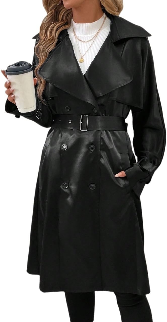 Womens Fashion Trench Outwear Satin Long Sleeve A-Line Loose Mid-Length Trench Coat Jacket Coat