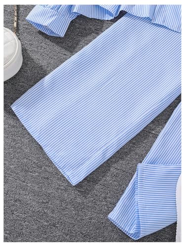 Image of MakeMeChic Girl's 2 Piece Outfit Striped Long Sleeve Button Down Shirts and Elastic Waist Pants Set Light Blue 9Y
