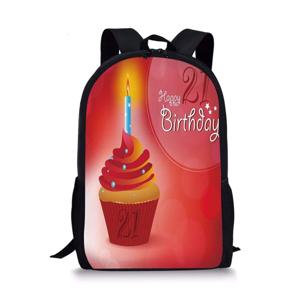 School Bags 21st Birthday Decorations,Abstract Sun Beams Backdrop Party Cupcake with Frosting Image,Red and Orange for Boys&Girls Mens Sport Daypack