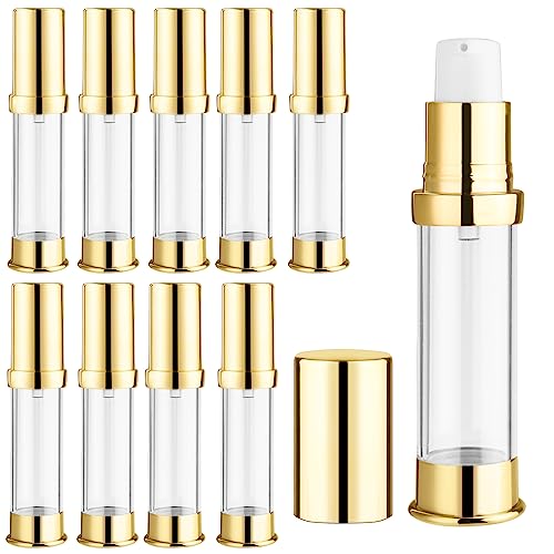 10 Pcs Empty Airless Pump Bottle Travel Cosmetic Cream Pump Bottle Refillable Vacuum Dispenser Pump Containers for Lotion Cream and More (gold-10ml)