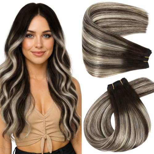 Image of Full Shine Invisible Weft Hair Extensions 18 Inch 105G Remy Straight Hair | Color 2 /60 /2 Dark Brown To Platinum Blonde Mix, Invisible Sew In, Party Styling, Photoshoot Looks, Add Volume