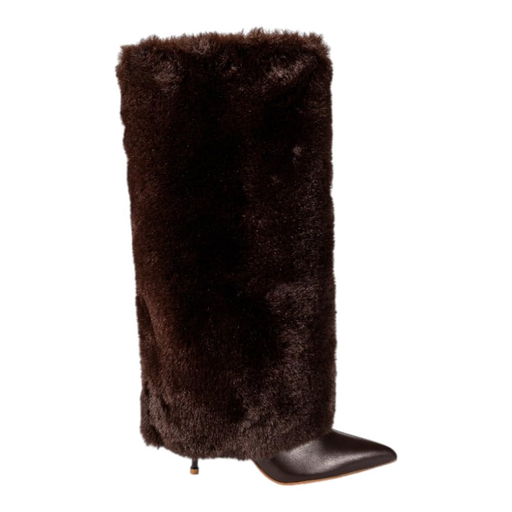 PAZZLE Womens Knee High Fur Boots Pointed Toe Fold Over Fuzzy High Heel Boots