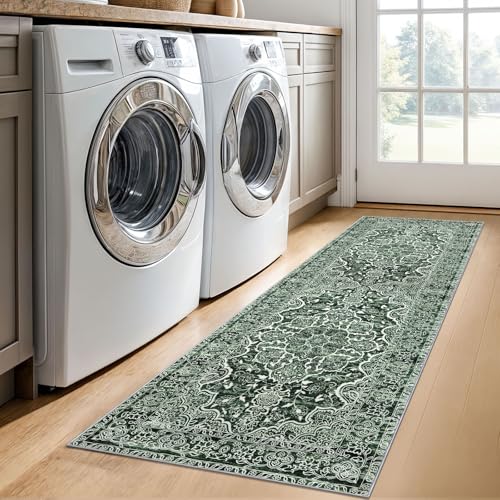 KUTA Runners for Hallways 2x6 Dark Green, Vintage Floral Rug Non-Slip Washable Kitchen Rugs Printed Retro Distressed Flower Carpet Entryway Rugs for Bedroom Laundry Nursery